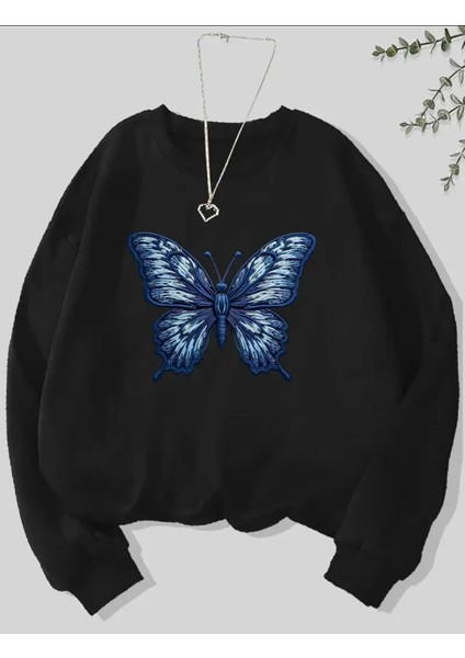 Kelebek Desen Detaylı Bisiklet Yaka Içi Polarlı Sweatshirt