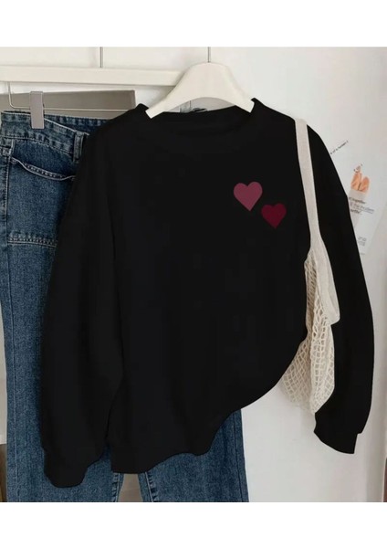 Göğüs Kalp Baskılı Bisiklet Yaka Içi Polarlı Sweatshirt