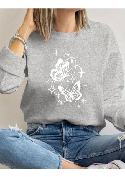 Kelebek Desen Detaylı Bisiklet Yaka Içi Polarlı Sweatshirt