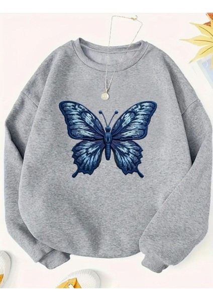 Kelebek Desen Detaylı Bisiklet Yaka Içi Polarlı Sweatshirt