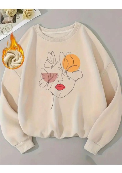 Baskılı Bisiklet Yaka Içi Polarlı Sweatshirt