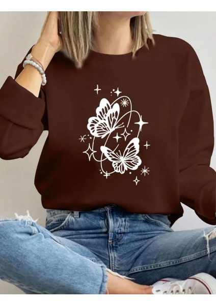 Kelebek Desen Detaylı Bisiklet Yaka Içi Polarlı Sweatshirt