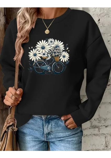 Baskılı Bisiklet Yaka Içi Polarlı Sweatshirt
