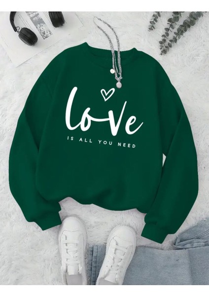 Love Yazı Baskılı Bisiklet Yaka Içi Polarlı Sweatshirt