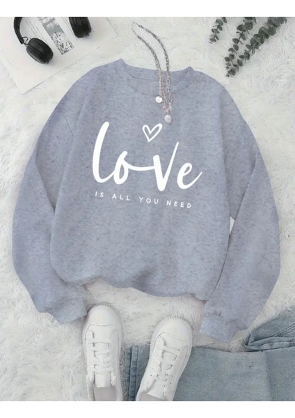 Love Yazı Baskılı Bisiklet Yaka Içi Polarlı Sweatshirt