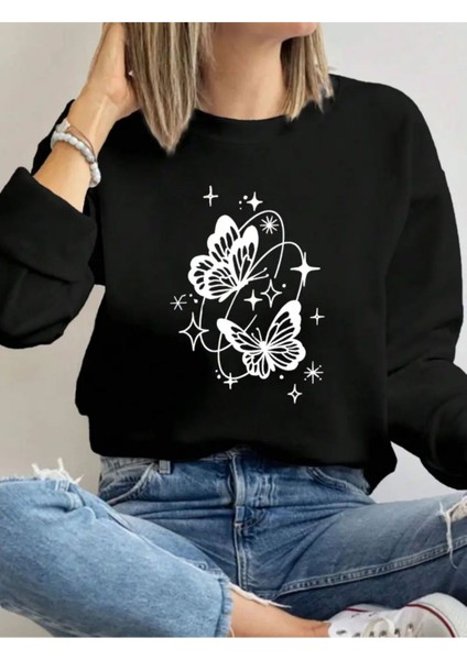 Kelebek Desen Detaylı Bisiklet Yaka Içi Polarlı Sweatshirt