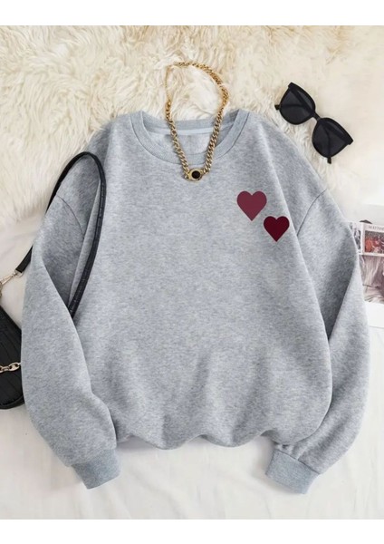 Göğüs Kalp Baskılı Bisiklet Yaka Içi Polarlı Sweatshirt