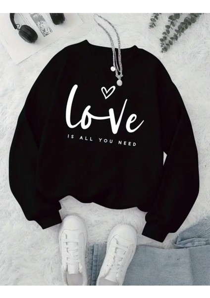 Love Yazı Baskılı Bisiklet Yaka Içi Polarlı Sweatshirt