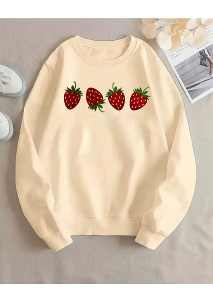 Çilek Baskılı Bisiklet Yaka Içi Polarlı Sweatshirt