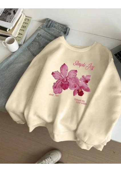 Simple Joy Baskılı Bisiklet Yaka Içi Polarlı Sweatshirt