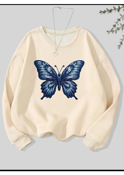 Kelebek Desen Detaylı Bisiklet Yaka Içi Polarlı Sweatshirt
