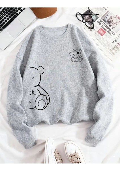 Ayıcık Desen Detaylı Bisiklet Yaka Içi Polarlı Sweatshirt