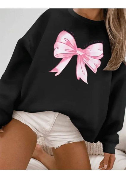 Kurdele Baskılı Bisiklet Yaka Içi Polarlı Sweatshirt