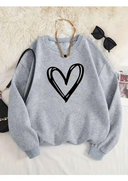 Kalp Baskılı Bisiklet Yaka Içi Polarlı Sweatshirt