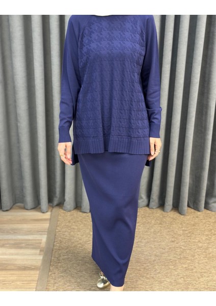 Nuss 1350 Kazayağı Desenli Tunik Kalem Etekli Merserize Takım modelleri