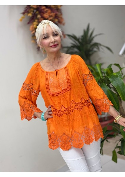 NC20428 Italyan Klasik Ipek Bluz Oranj