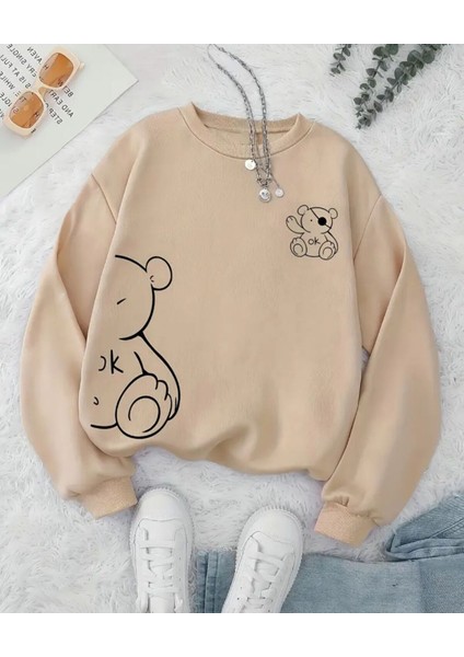 Ayıcık Desen Detaylı Bisiklet Yaka Içi Polarlı Sweatshirt