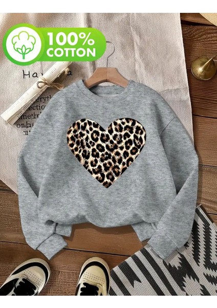 Leopar Kalp Desen Detaylı Bisiklet Yaka Içi Polarlı Sweatshirt