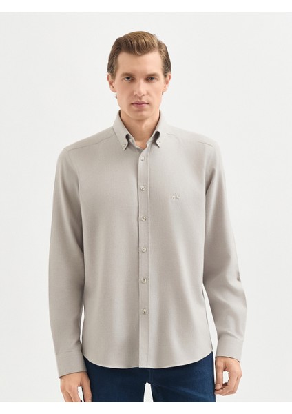 Erkek Slım Fıt Gömlek-Bej