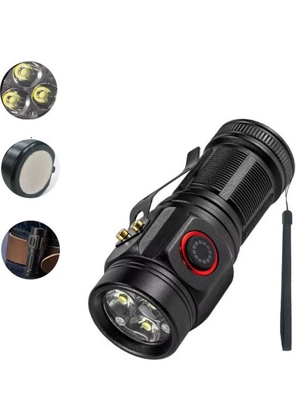 3xe Güçlü Parlak Işıklı 5 Modlu Magnetli Metal Gövde Şarjlı El Feneri W5182