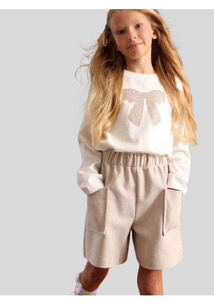 Kız Çocuk Taşlı Sweatshirt 7-14 Yaş Ekru