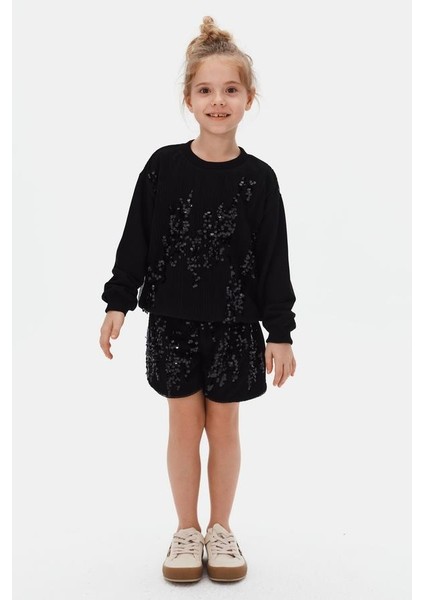 Kız Çocuk Pullu Sweatshirt 4-8 Yaş Siyah