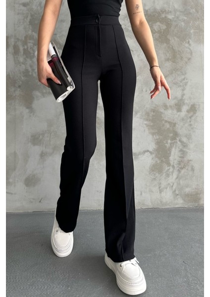 Kadın Siyah Yüksek Bel Toparlayıcı Ispanyol Paça Palazzo Pantolon