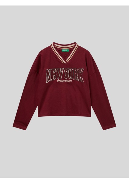 Kız Çocuk V Yaka Sweatshirt 6-14 Yaş Bordo