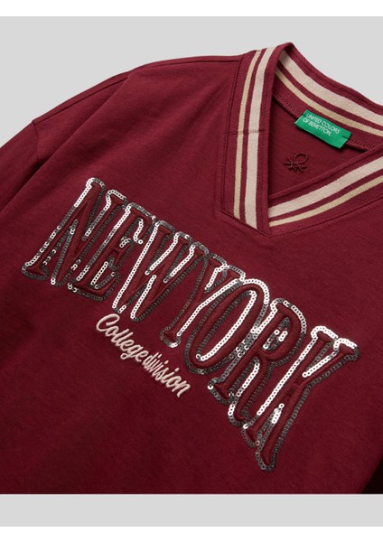 Kız Çocuk V Yaka Sweatshirt 6-14 Yaş Bordo modelleri