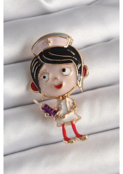 Pirinç Gold Renk Renkli Hemşire Model Kadın Broş