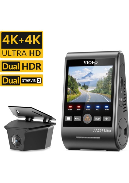 A229 Ultra 2 Kameralı Ön ve Arka Dış Su Geçirmez 4k+4k Sony Starvis 2 Sensörlü Dual Hdr Wi-Fi 6 Gps'li Araç Kamerası