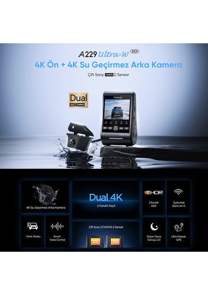 A229 Ultra 2 Kameralı Ön ve Arka Dış Su Geçirmez 4k+4k Sony Starvis 2 Sensörlü Dual Hdr Wi-Fi 6 Gps'li Araç Kamerası fiyatları