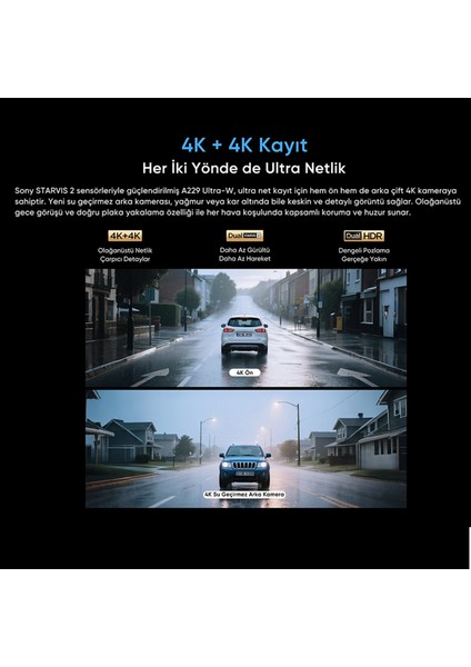 A229 Ultra 2 Kameralı Ön ve Arka Dış Su Geçirmez 4k+4k Sony Starvis 2 Sensörlü Dual Hdr Wi-Fi 6 Gps'li Araç Kamerası modelleri