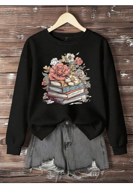 Kitap ve Çiçek Baskı Detaylı Bisiklet Yaka Içi Polarlı Sweatshirt