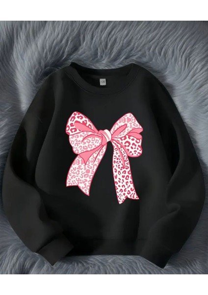 Pembe Kurdele Baskı Detaylı Bisiklet Yaka Içi Polarlı Sweatshirt