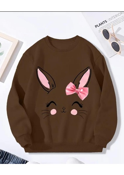 Secimli Tavşan Baskı Detaylı Bisiklet Yaka Içi Polarlı Sweatshirt