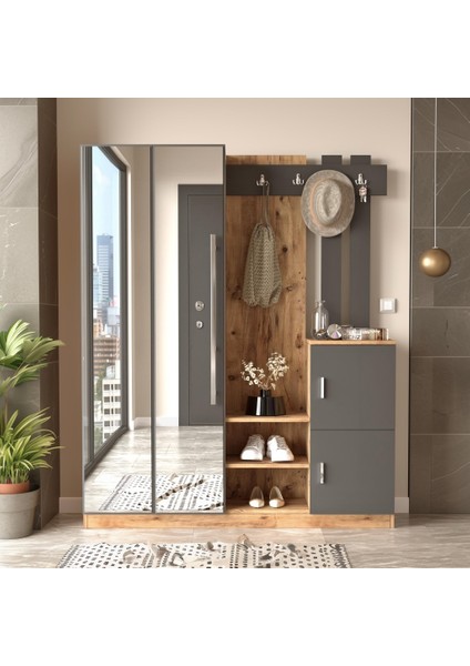 Wood Aynalı Askılı Kapaklı Vestiyer Portmanto Ayakkabılık Çam-Gri