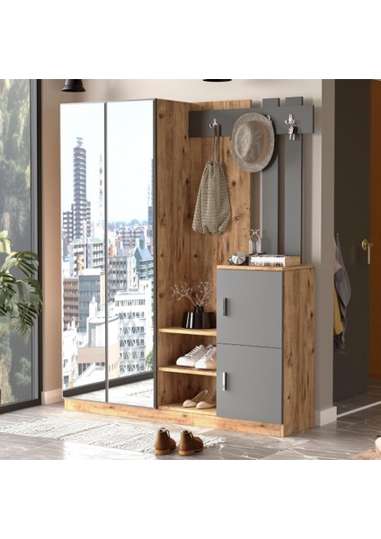 Wood Aynalı Askılı Kapaklı Vestiyer Portmanto Ayakkabılık Çam-Gri fiyatları