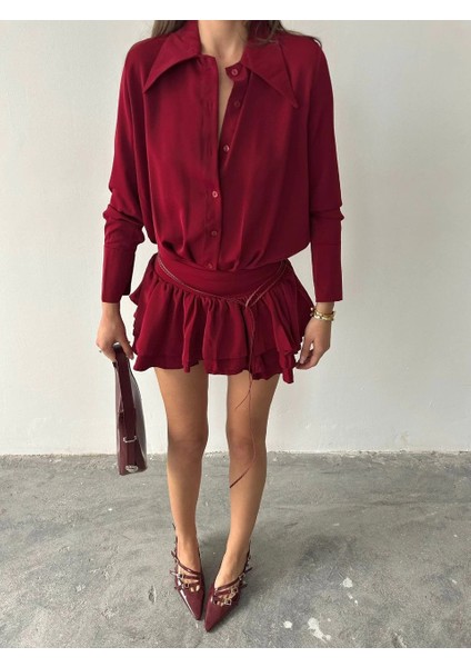 Bordo Mini Pileli Elbise