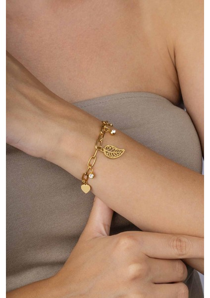 Yaprak Kalp Figürlü Altın Kaplama Çelik Kadın Bileklik