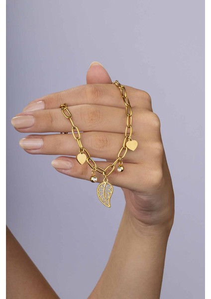 Yaprak Kalp Figürlü Altın Kaplama Çelik Kadın Bileklik fiyatları