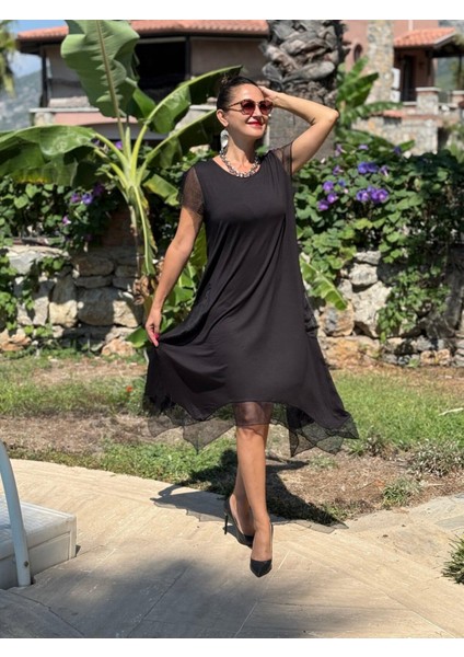 FTY1019 Fileli Yarım Kol Turlu Viskon Elbise Siyah