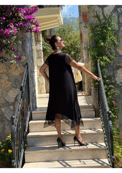 FTY1019 Fileli Yarım Kol Turlu Viskon Elbise Siyah fırsatları