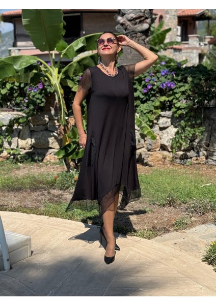 FTY1019 Fileli Yarım Kol Turlu Viskon Elbise Siyah