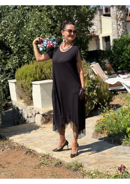 FTY1019 Fileli Yarım Kol Turlu Viskon Elbise Siyah