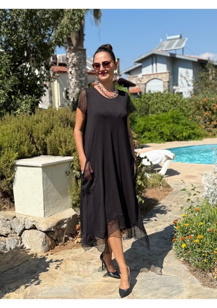FTY1019 Fileli Yarım Kol Turlu Viskon Elbise Siyah