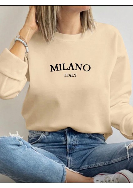Milano Baskı Detaylı Bisiklet Yaka Içi Polarlı Sweatshirt