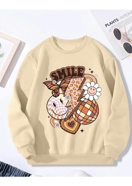 Smile Baskı Detaylı Bisiklet Yaka Içi Polarlı Sweatshirt