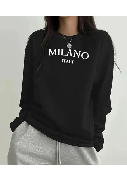 Milano Baskı Detaylı Bisiklet Yaka Içi Polarlı Sweatshirt