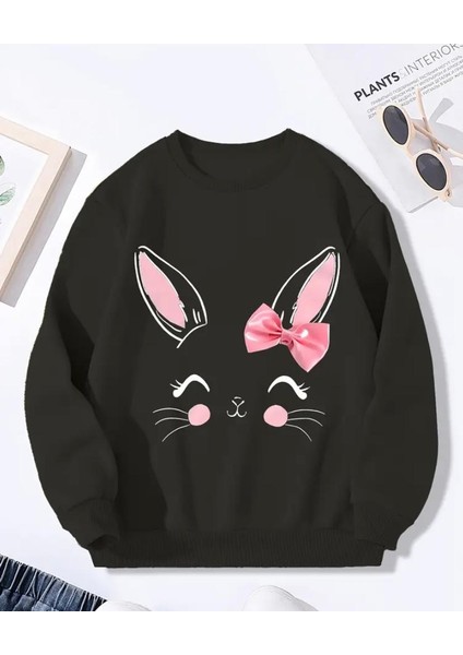 Sevimli Tavşan Baskı Detaylı Bisiklet Yaka Içi Polarlı Sweatshirt